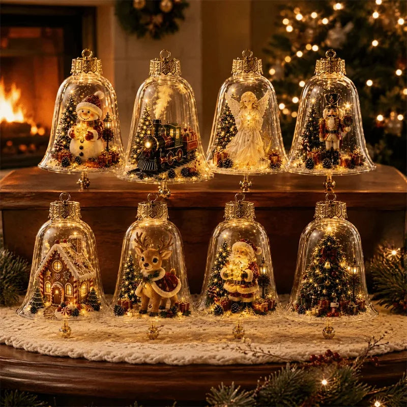 Light Up Christmas Tree Hanging Ornament Transparent Bell Elk Santa Warm Led Light Pendant Acrylic Home Holiday Decoration Gift