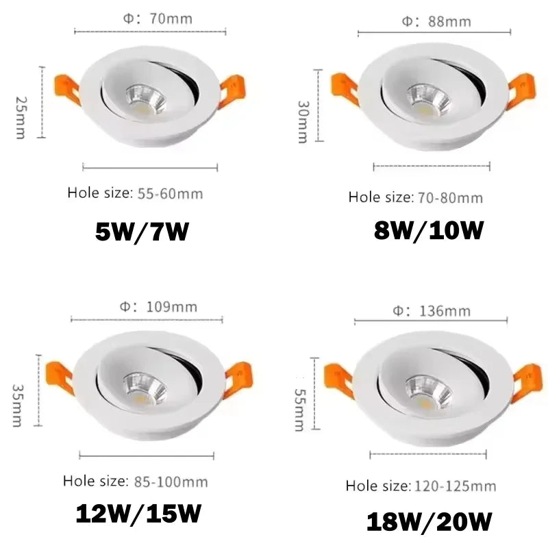 Adjustable Embedded LED Downlights COB Recessed Ceiling Lamp White/Black for Indoor Living Room AC110V/220V Dimmable 360°