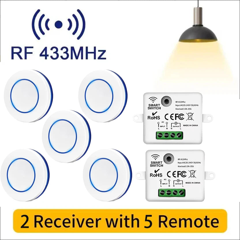 Wireless RF 433MHz Light Switch Kit - 10A Relay Receiver & Mini Wall Button