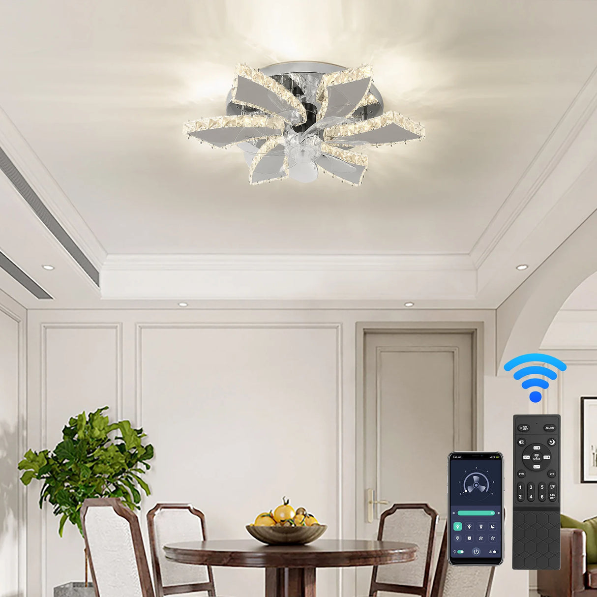 Modern Ceiling Fan Light Led Fan Lamp Smart APP RC Luxury Crystal Chandelier Home Decor Appliance Fixture Living Dining