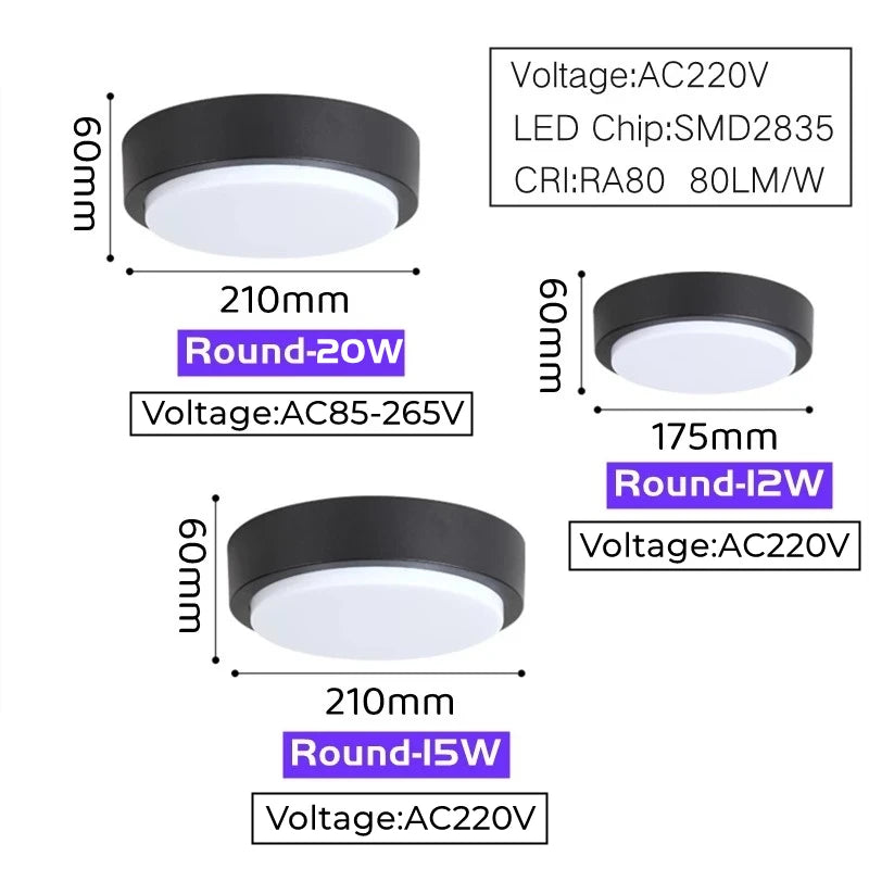 Outdoor Surface Mounted LED Ceiling Lamp 12W/15W/20W Waterproof IP65 Round Bathroom Light Garden Porch Moistureproof Wall Lights