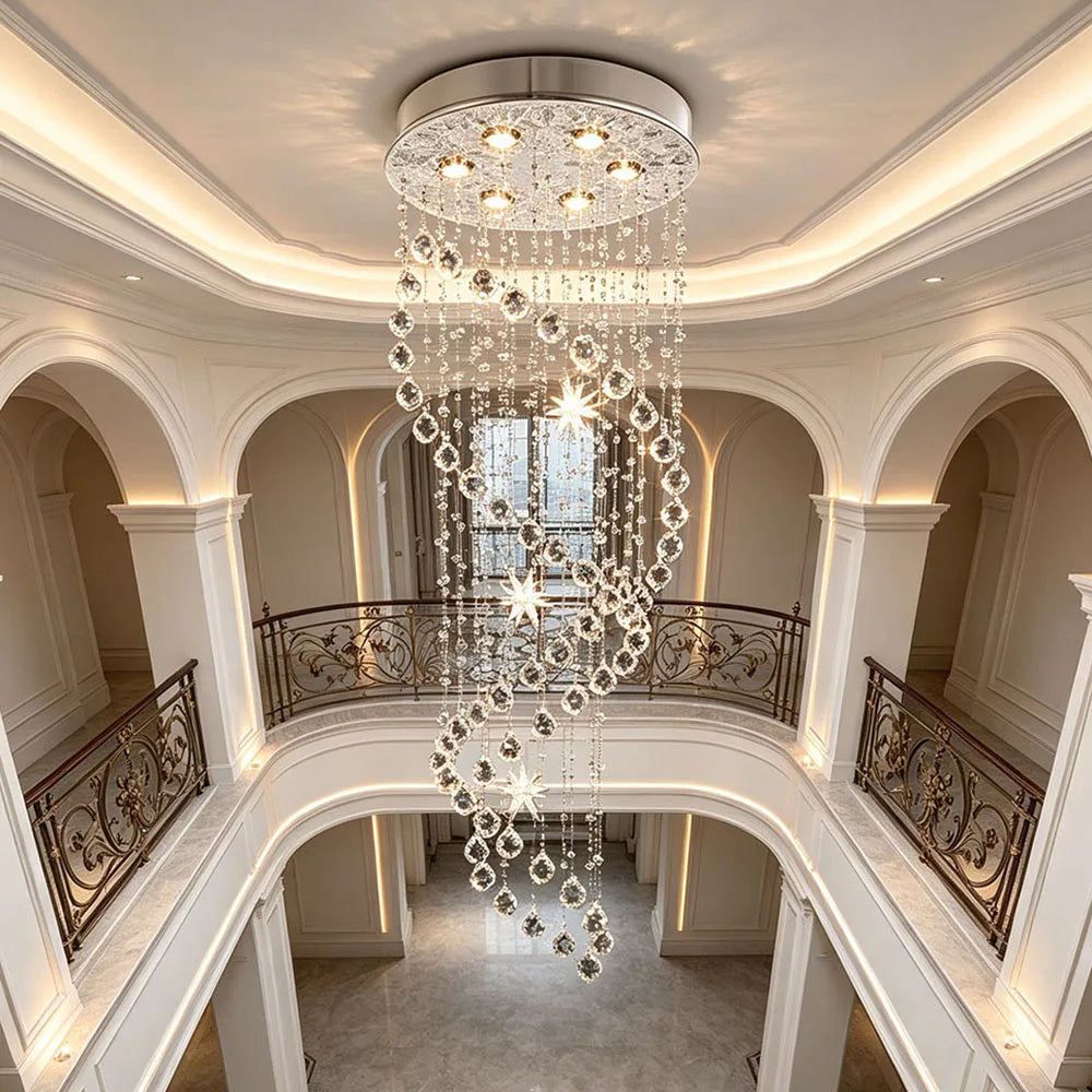 Luxury Spiral K9 Crystal Pendant Light Long Star Crystal Chandelier For Duplex Stairwell Villa Entrance Indoor LED Lighting