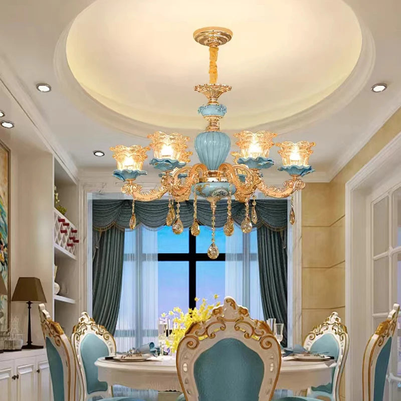 Large Blue Ceramic Chandelier Modern Crystal Glass Fixture Dining Room Contemporary Chandelier For Living Room Home Lighting