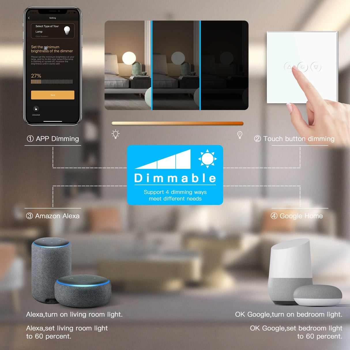 Single Smart Wifi Dimmer Switches 1Gang Wifi Control Dimmable Led Light Glass Panel Support Tuya Google Smart Life App