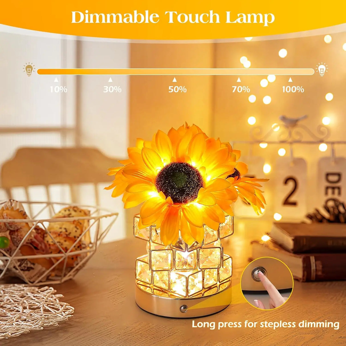 LED Crystal Sunflower Table Lamp - 3 Colors Dimmable Magic Cube Light