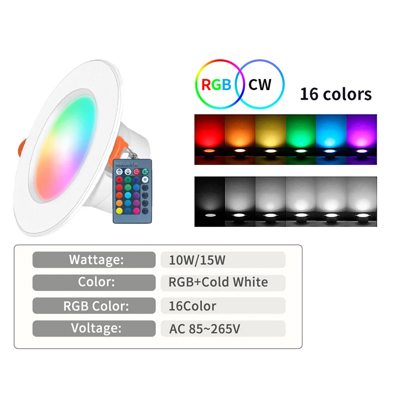 RGB LED Recessed Ceiling Downlight (10W 15W, AC 85-265V) - Dimmable Color-Changing Spotlight Panel Lamp with Remote Control