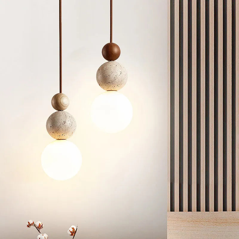 Luma Cream Style Yellow Travertine Pendant Lights, Nature Stone Wood Hanging Lamps for Bedroom Bedside Restaurant Kitchen Island