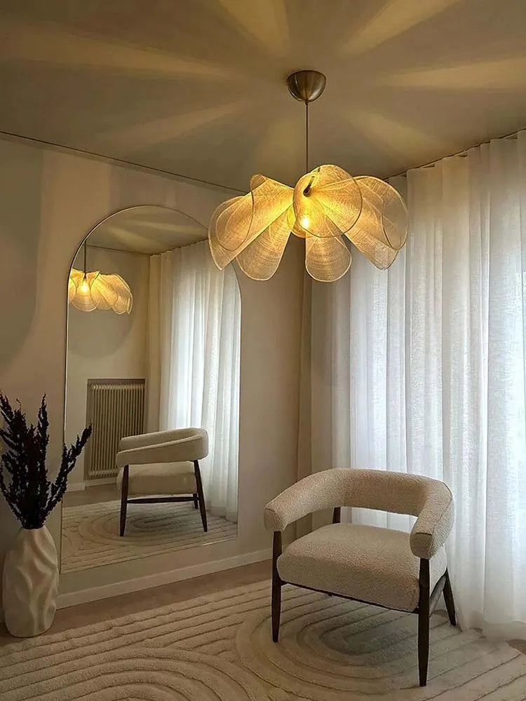 2026 Wabi Sabi Fabric Pendant Light - French Creamy LED Flower Chandelier