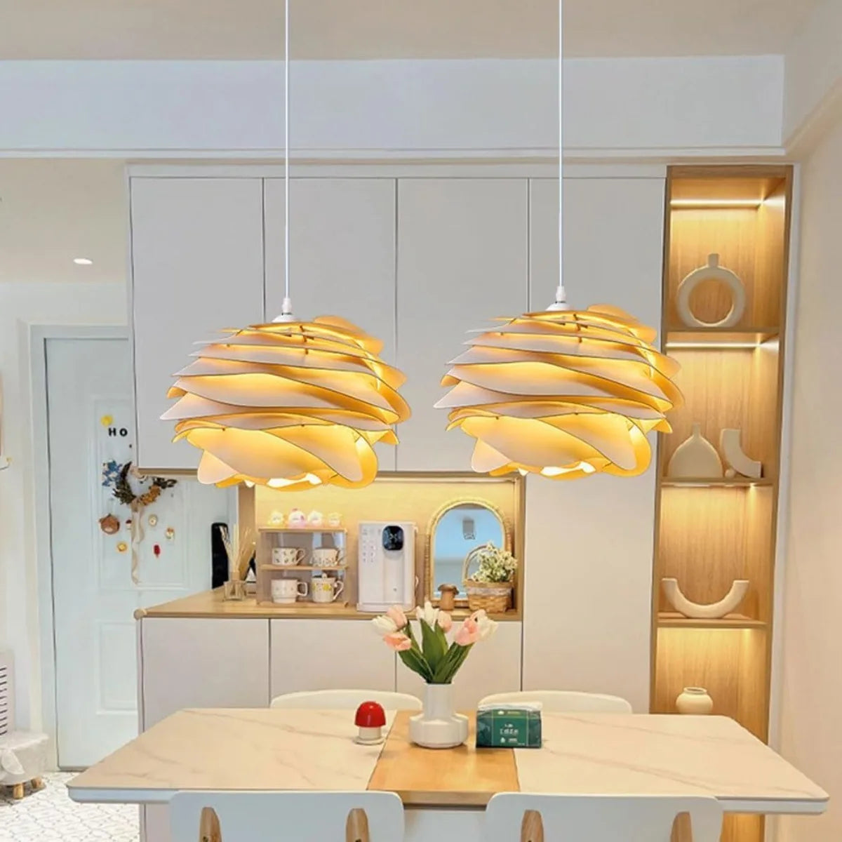 Modern Wood Petal Pendant Lamp, E27 Wooden Rose Chandelier for Kitchen Island Bedroom Living Room Ceiling Light Fixture