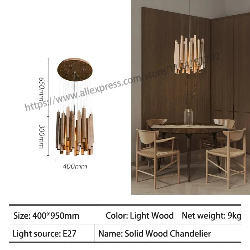 Retro Wooden Hanging Chandelier Light Dining Table Solid Wood Led Pendant Lamp Living Room Kitchen Chandelier Lighting Fixture