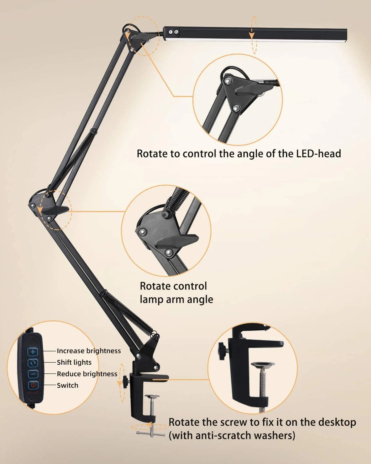 LED Desk Lamp With Clip, Desk Lamp With Eye Care, Office Light With Adjustable Brightness 3 Lighting Modes, 10 Brightness