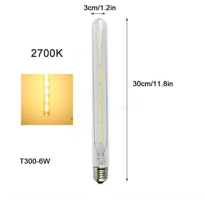 Vintage Tubular LED Filament Light Bulb - T10 T30 Long Tube 4W 6W 8W Edison Lamp