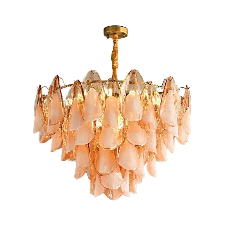 Designer Petal Shape Amber Glass Chandelier Dimmable Stainless Steel Pendant Light for Living Dining Room Led Lights