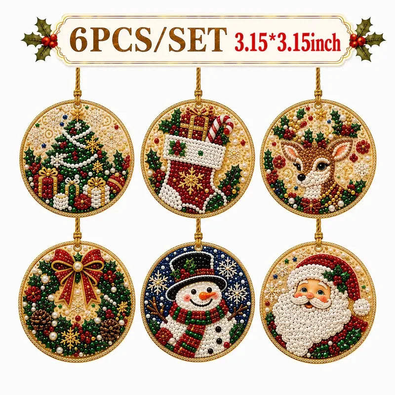 6Pcs DIY Diamond Painting Christmas Tree Ornaments Kit Rhinestone Art Craft Pendants Santa Snowman For Home Holiday Decoration