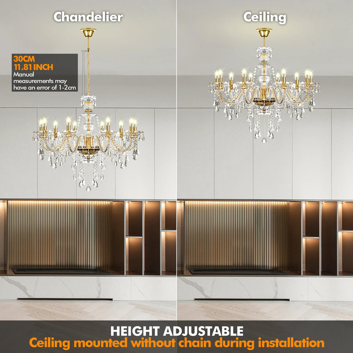 10Arms K9 Crystal Chandelier Adjustable Chain Ceiling Pendant Lamp Modern Lighting For Living Room Bedroom Hall Home Decor