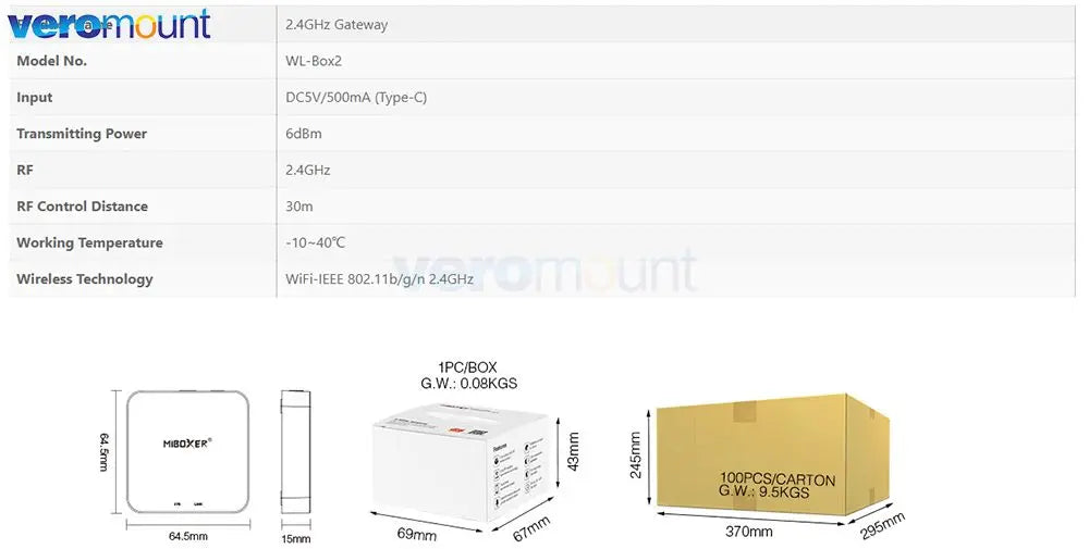 2.4G Gateway WiFi Controller WL-Box2 - Lamp Control Smartphone App/ Voice/100-Zone Remote Control