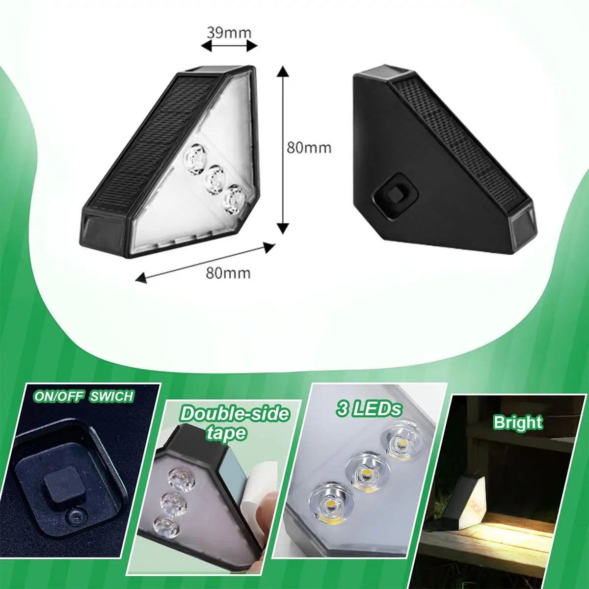 Solar LED Step Lights Outdoor Stair Lamps - Waterproof Triangle Landscape Light