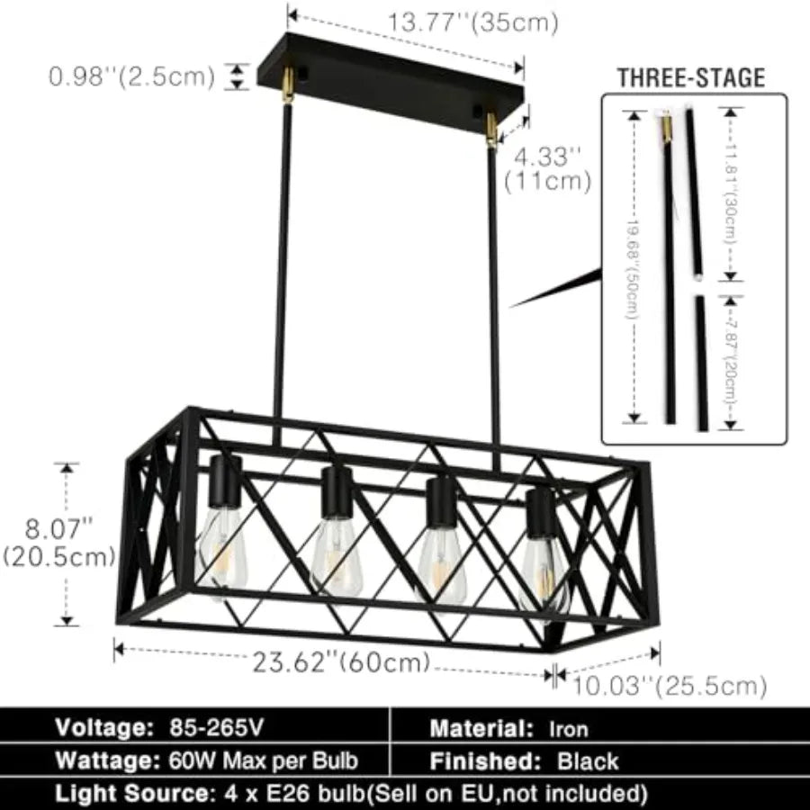Black Farmhouse Chandeliers for Dining Room Light Fixture Rectangle Kitchen Island Pendant Lighting 4-Light Metal Industrial Li