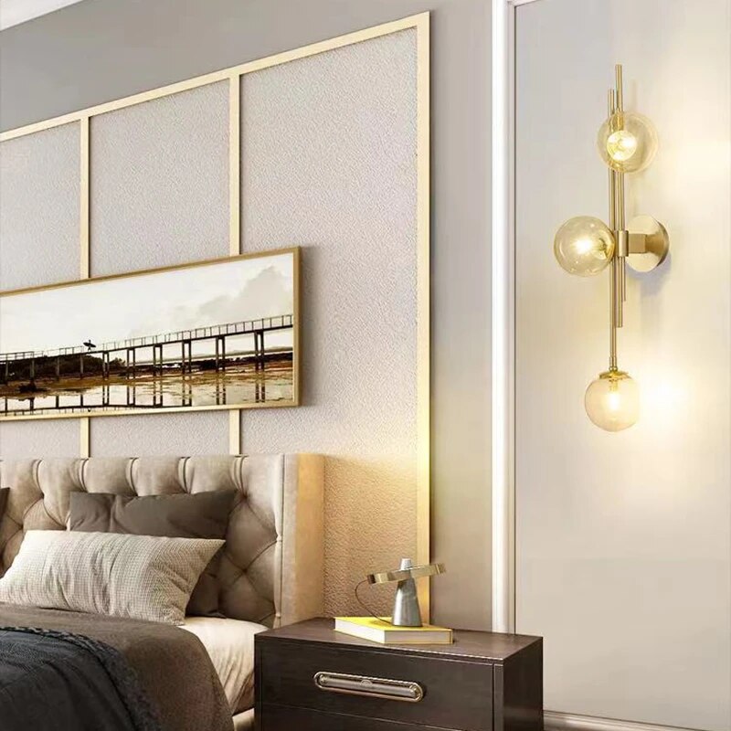 3 Heads Blue Glass Ball Postmodern Wall Lamp For Bathroom Living Room Bedside Sconce Light Fixtures House Decoration Lighting