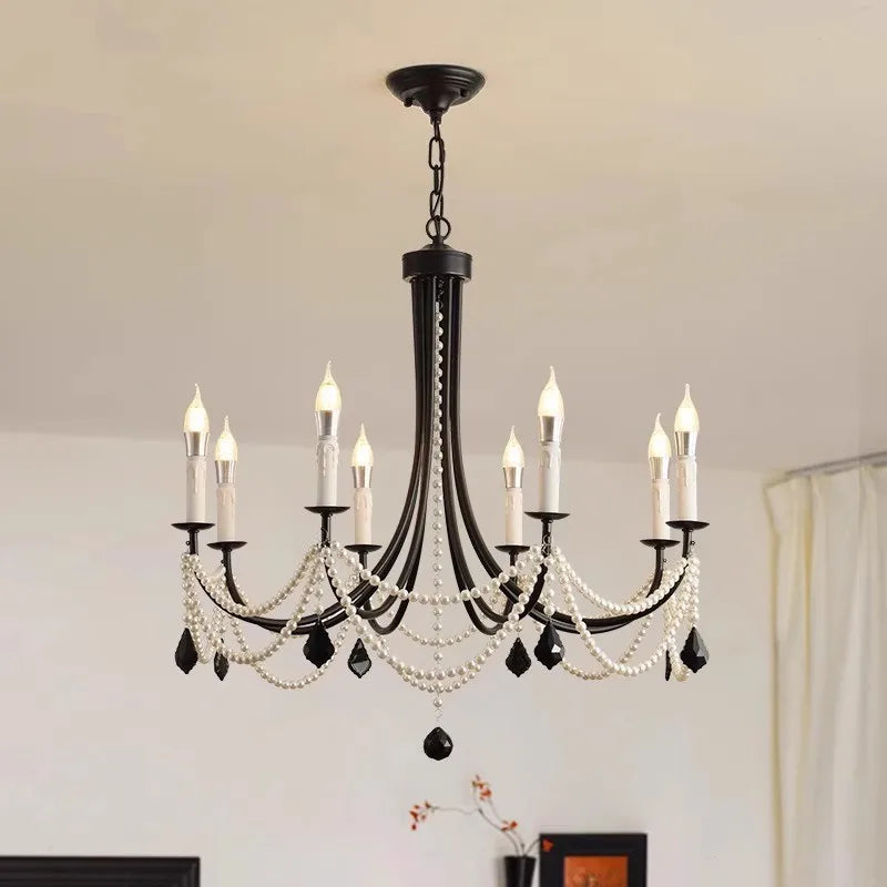 American Retro Candle Chandelier Living Room Black Metal E14 Led Pendant Lights Home Decor Pearl Led Lamparas Hanging Lamp