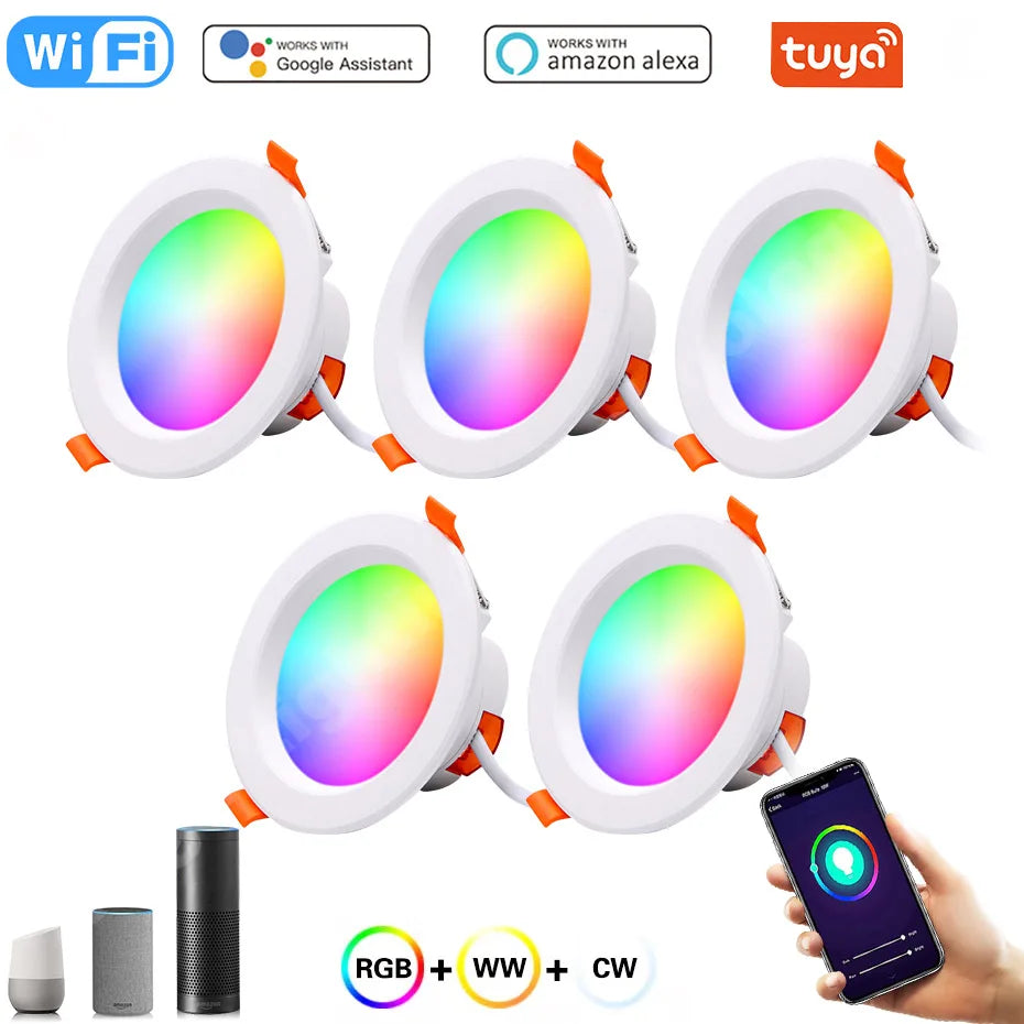 15W 9W 7W 5W Smart LED Downlight RGB Dimmable Spotlight Tuya WiFi Smart Ceiling Lamp RGB+CW+CCT Voice Control with Alexa Google
