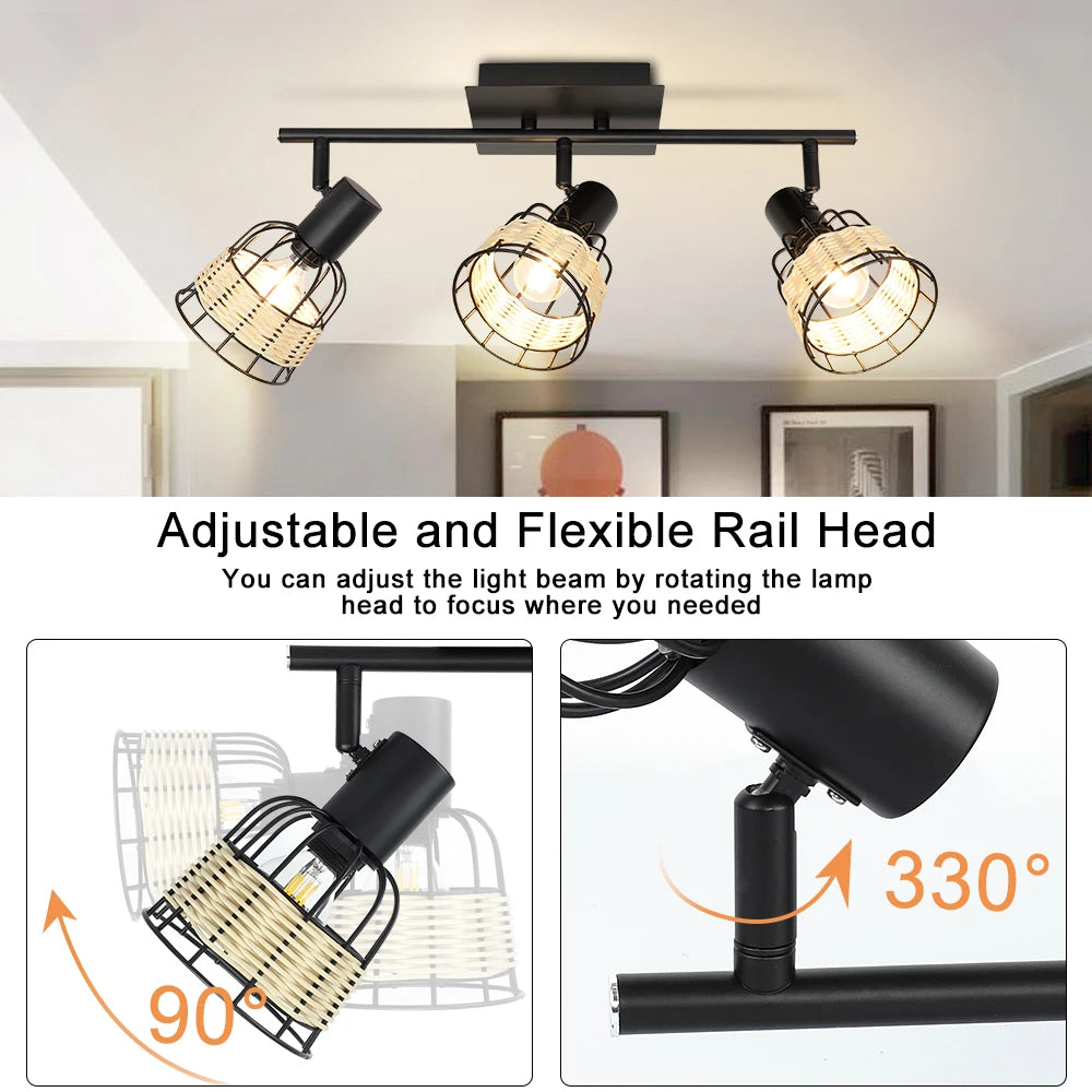 Vintage Track LED 2/3/4/6 Light Ceiling Spotlight Rustic Metal and Rattan Light Industrial Track Lamp for Foyer E12