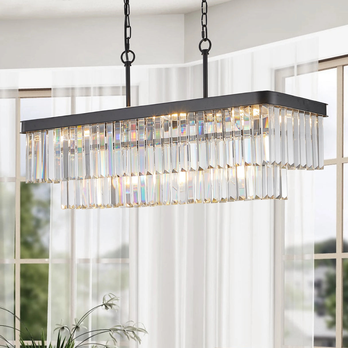 33.5 Inch ceiling lamp,Rectangular Black Crystal Chandelier Adjustable,E12 Modern Industrial Crystal Lights (Bulb Not Included)