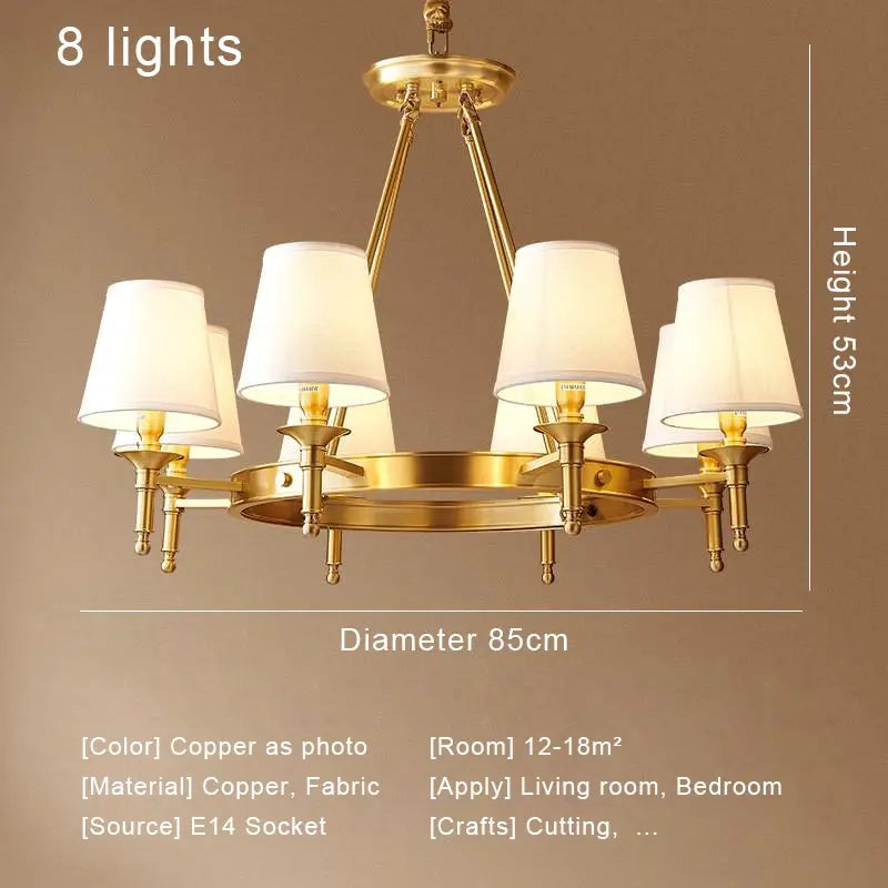 Rural LED ring Copper Ceiling Chandelier retro Fabric lamp Living Room Bedroom Home Decor Hanging Lamp American dining light