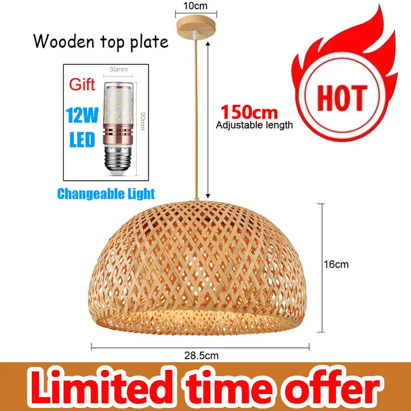 Handmade Vintage Pendant Lamp Bamboo Restaurant Café Chandeliers Wood Base E27 Bulb Lighting Hotel Bedroom Interior Classical