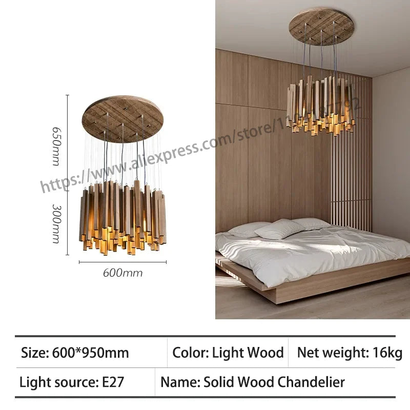 Retro Wooden Hanging Chandelier Light Dining Table Solid Wood Led Pendant Lamp Living Room Kitchen Chandelier Lighting Fixture