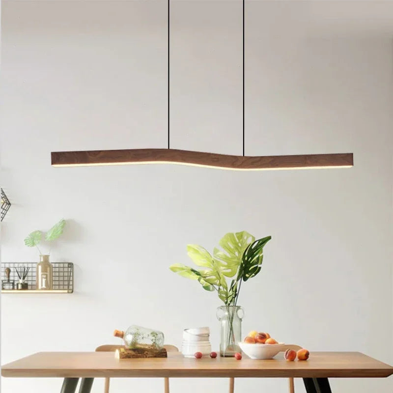 Retro Camur Linear Pendant Light Walnut Wood Grain Long Strip Lamps Restaurant Hanging Lamp Loft Artistic Creativity Dining Room