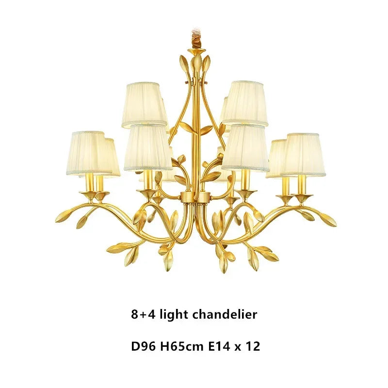 American Retro Luxury Gold Copper Chandeliers Living Dining Bedroom Pendant Lights Fabric Shades Flower Deco Led Lighting Lamps