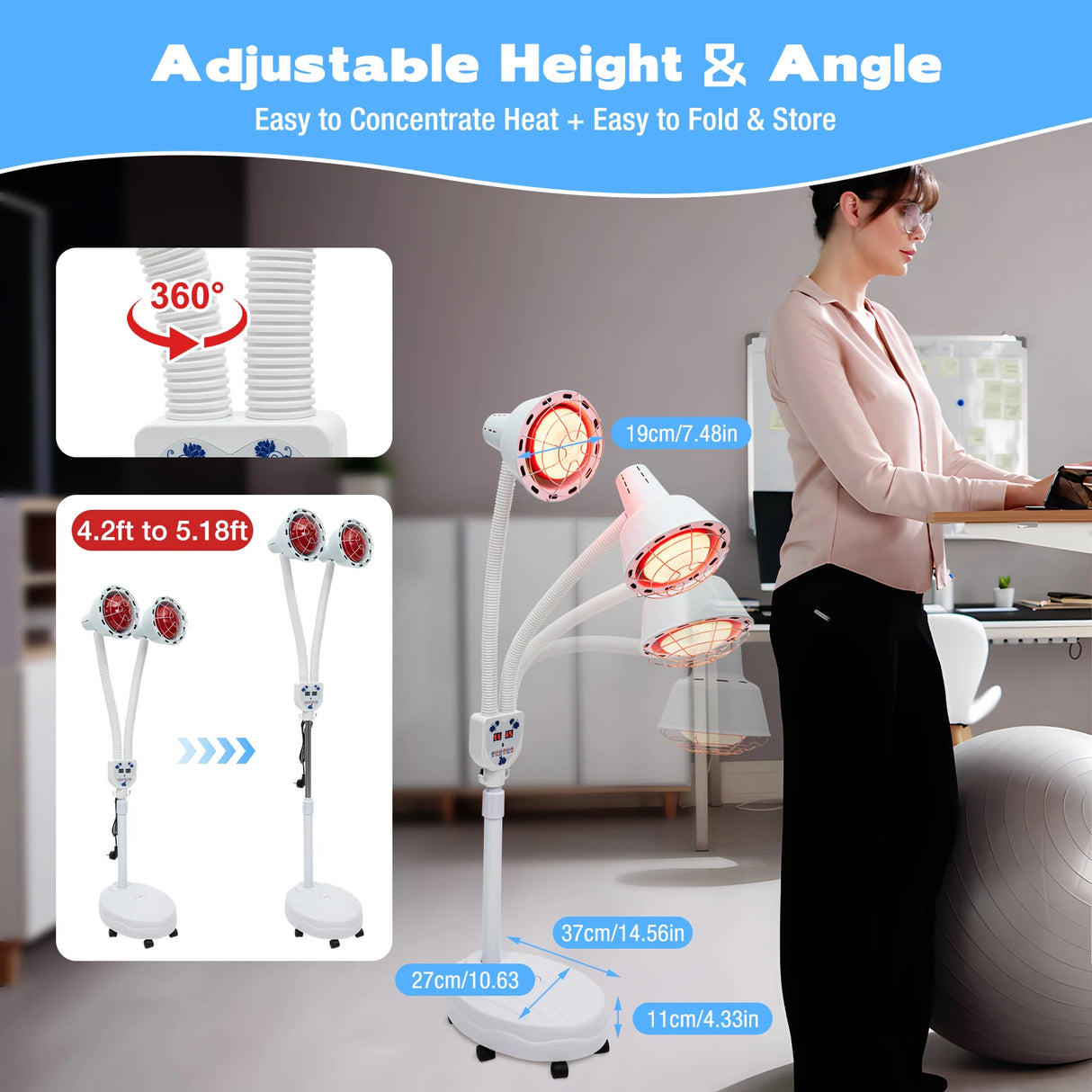 Red Light Therapy LED Electric Infrared Baking Lamp 275W Double-head 360° Adjustable Temperature Heat Lamp Remote Control With Rotating Pulley Base