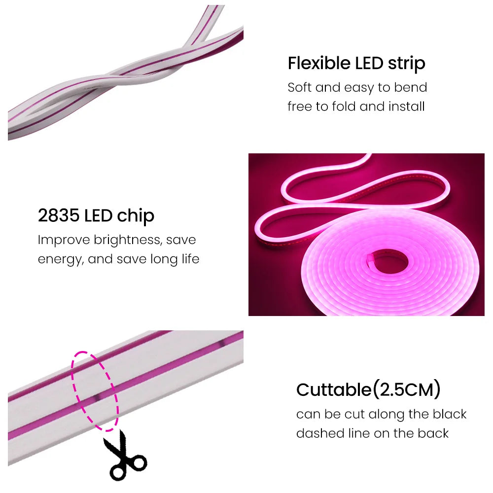12V/24V Waterproof Flexible LED Neon Strip Light (6x12mm Silicone Rope) - DIY Neon Sign Light with DC Plug / 2-Pin Wire Option
