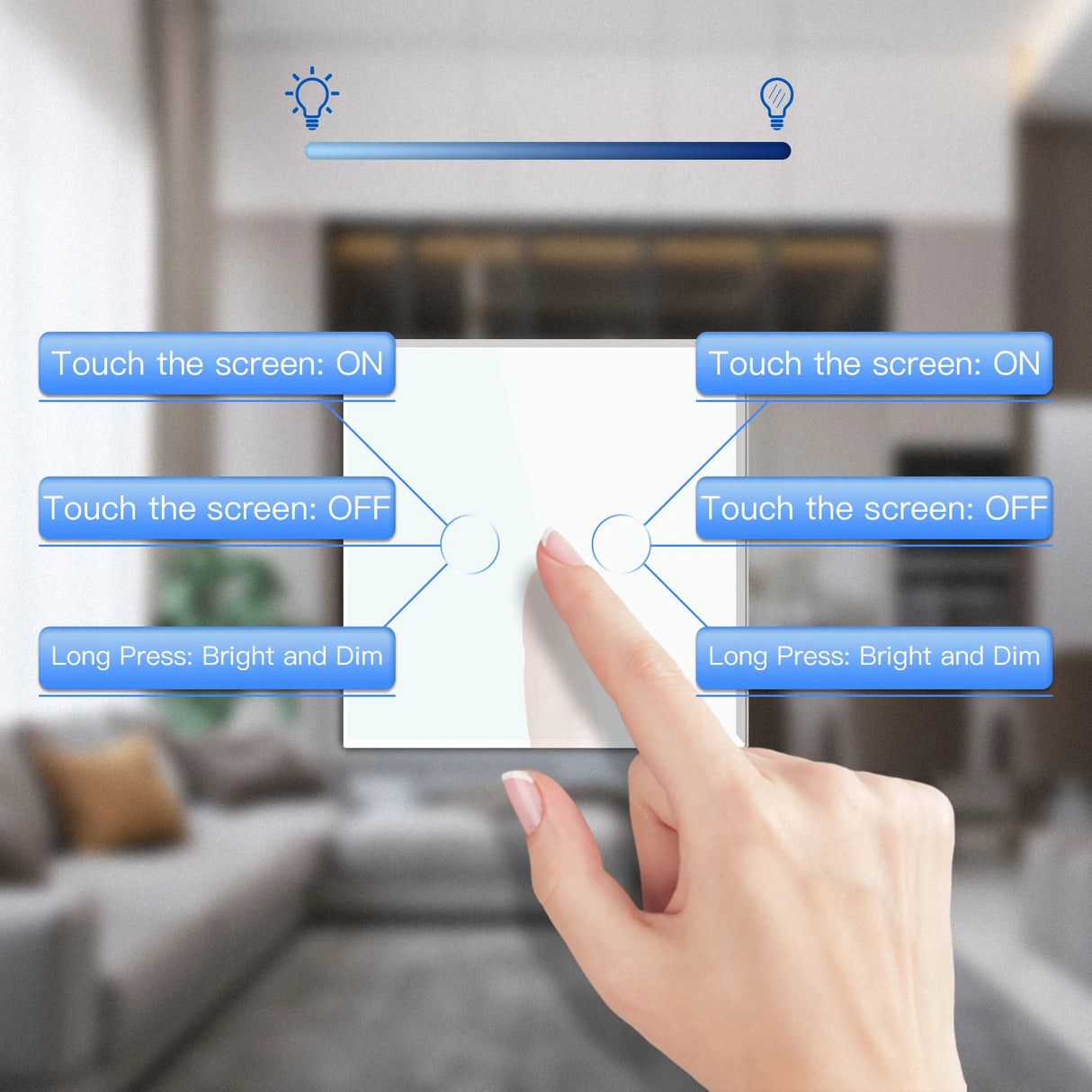 LED Wall Touch Switch 2Gang 1Way LED Dimmer Switch Light Dimmers Glass Panel EU Standard 220v Blue Backlight