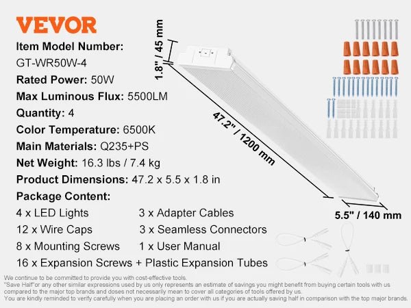 4FT/8FT LED Wraparound Light 4500/5500/10000 LM Flush Mount LED Shop Light 3000K-6500K Daylight Ceiling Lighting Fixtures