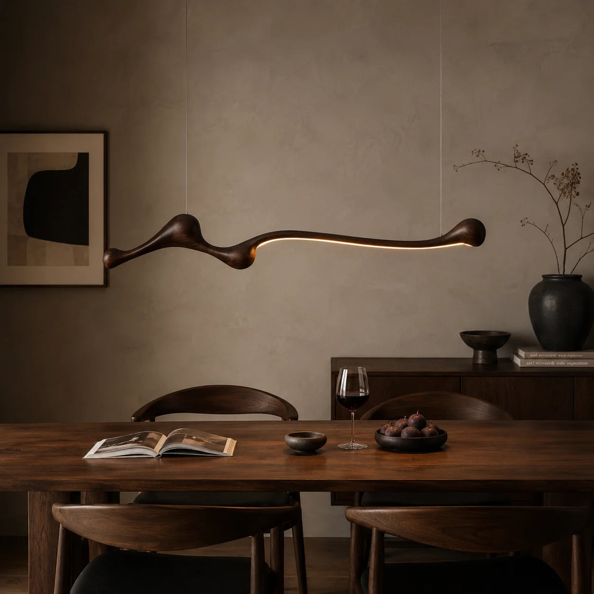 Linear Solid Wood Pendant Light with a Gentle Curve Dimmable LED Chandelier in 3 Wood Colors for Kitchen Island Dining Room