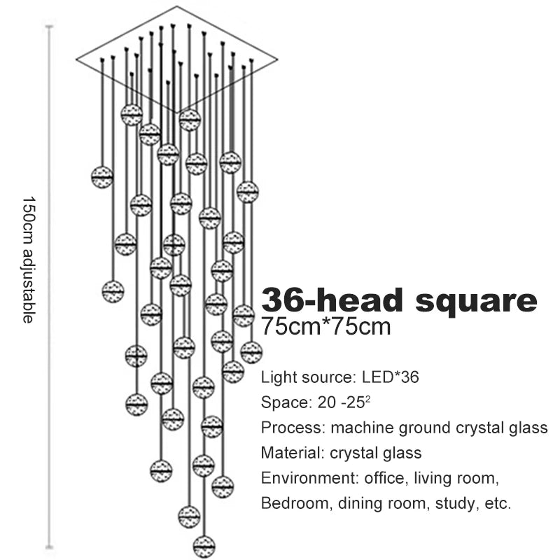 LED Villa Staircase Pendant Lights Long Cable Hanging crystal glass ball droplight for Restaurant Bar Indoor Decorative