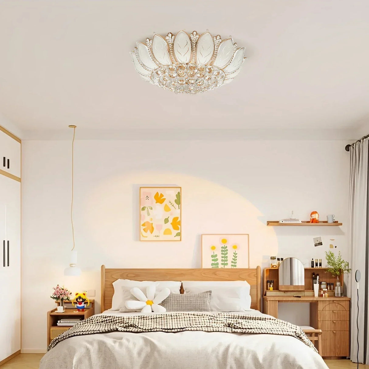 23.5" Flower Shaped Crystal Chandelier, E12 110V Gold Crystal Ceiling Lamp Modern Chandelier Hanging Lamp Flush Mount NEW