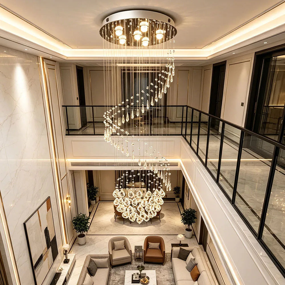 Luxury Vertical Crystal Ball Raindrop Chandelier Polished Stainless Steel Ceiling Plate Long Suspension Light For Stairwell Loft