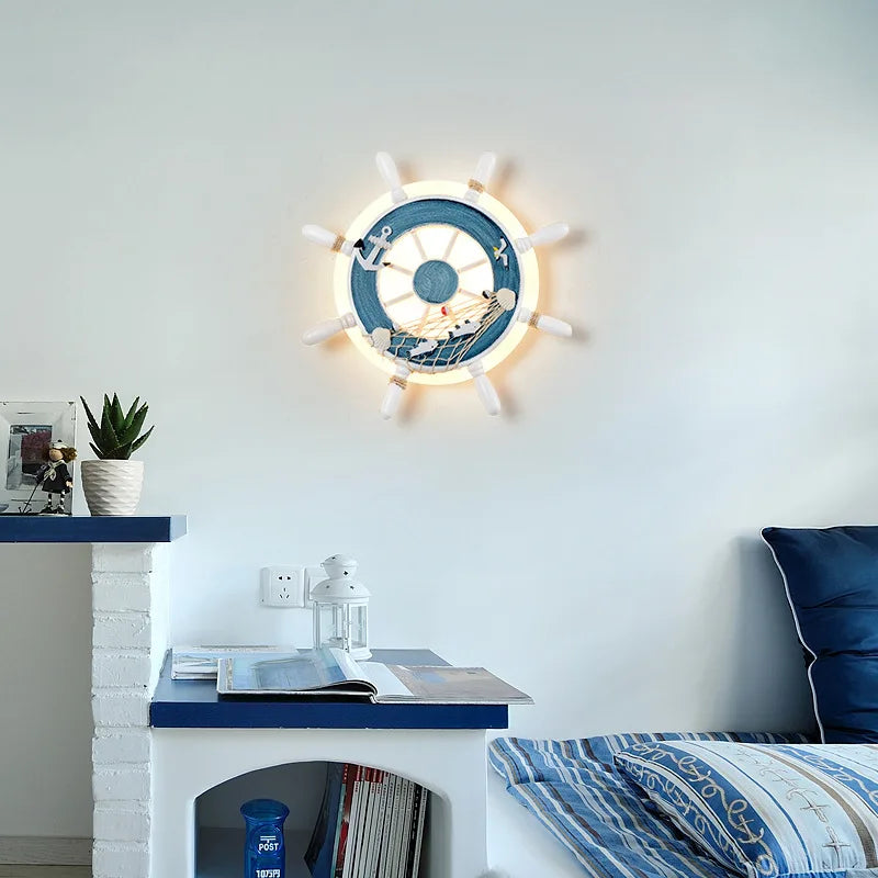 Mediterranean Style Wall Lamp Rudder Boy Children Room Anchor Decoration Bedside Light 27W LED Acrylic Wood Cartoon Sconce Light