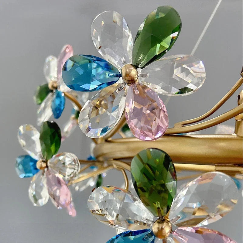French Colored Crystal Flower Pendant Light Living Room Dining Room Bedroom Daughter's Room Low Floor Light Ceiling Chandelier