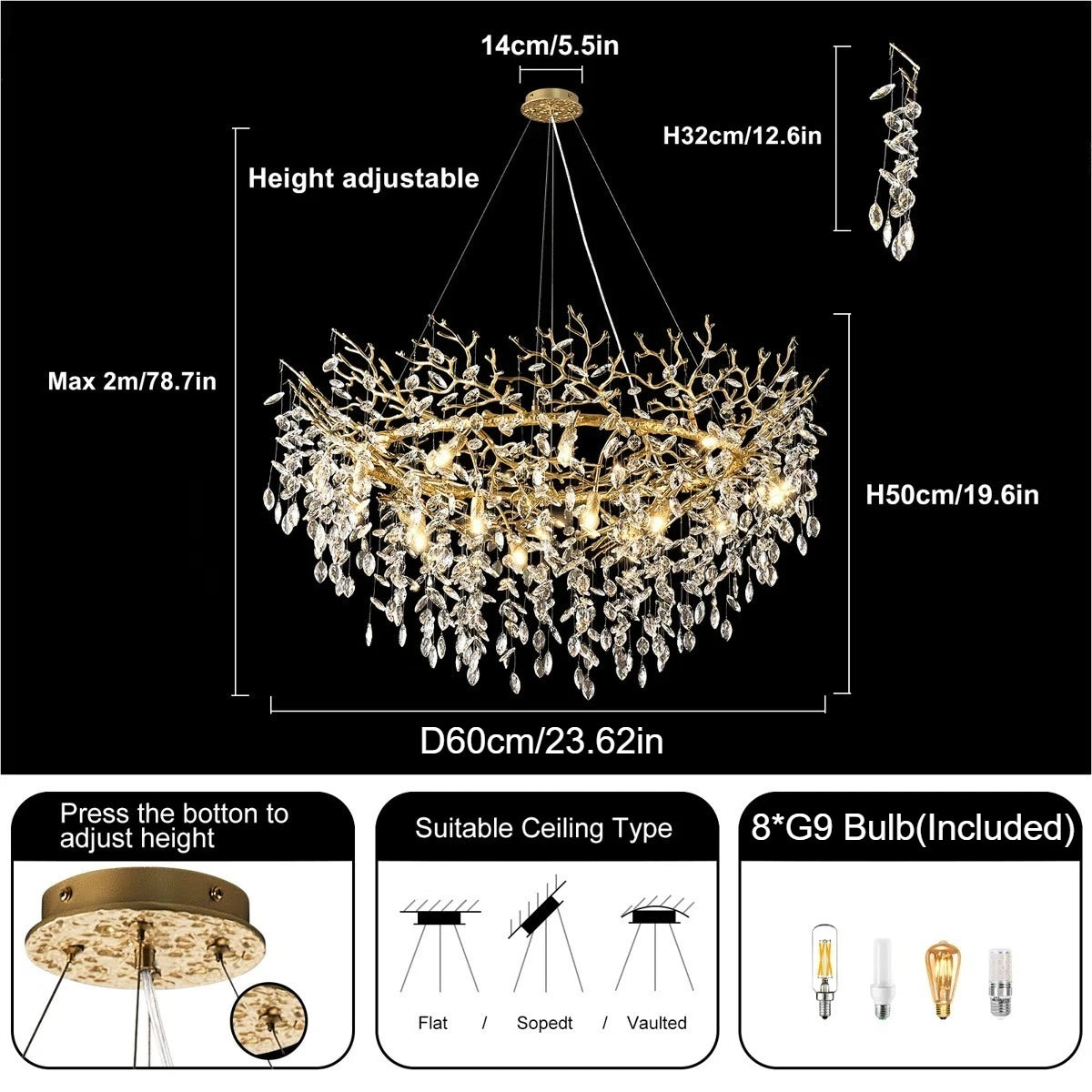 Retro K9 Crystal Tree Branch Chandelier - Modern LED Pendant Light Fixture for Villa Lobby, Foyer, Living Room & Weddings