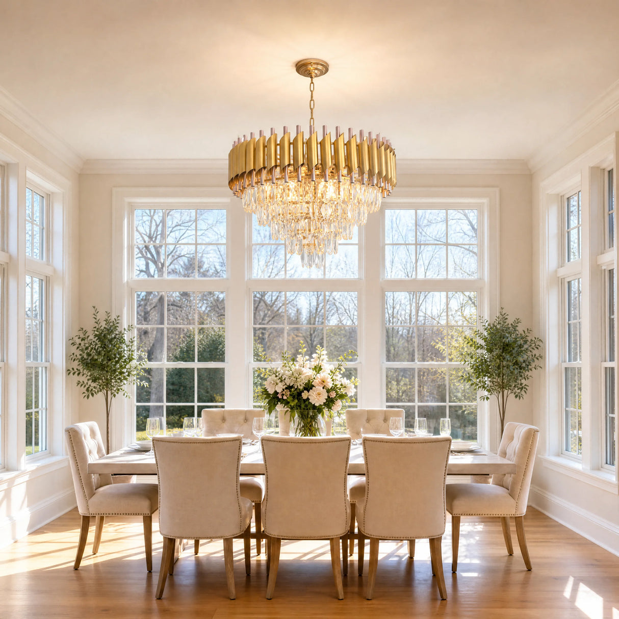 Modern Gold Round Crystal Chandelier, 5-Tier Raindrop K9 Crystal Pendant Light Adjustable Chain Luxury Ceiling Light Fixture for Dining Room Kitchen Island Living Room Bedroom