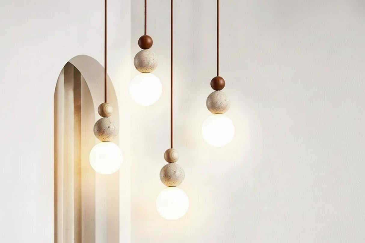 Yellow Travertine Pendant Light - Modern Cream Style Stone & Wood Hanging Lamp