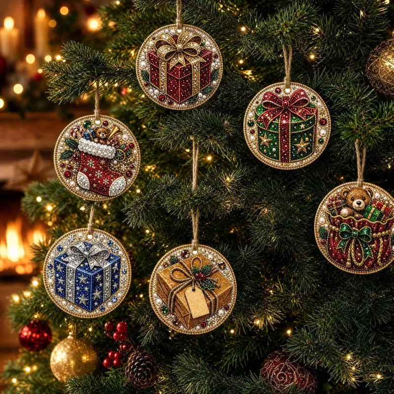 6Pcs Wooden Christmas Decoration DIY Pearl Art Kits for Adults, Xmas Tree Crafts Hanging Ornament Kit with Beads, Gems & Twine