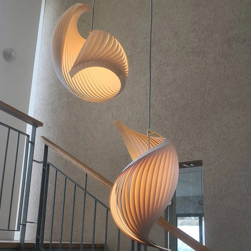 Japanese Style Duplex Staircase Chandelier Handmade Pleated Finish Wood Hanging Lights for Dining Bedroom Staircase Fixture