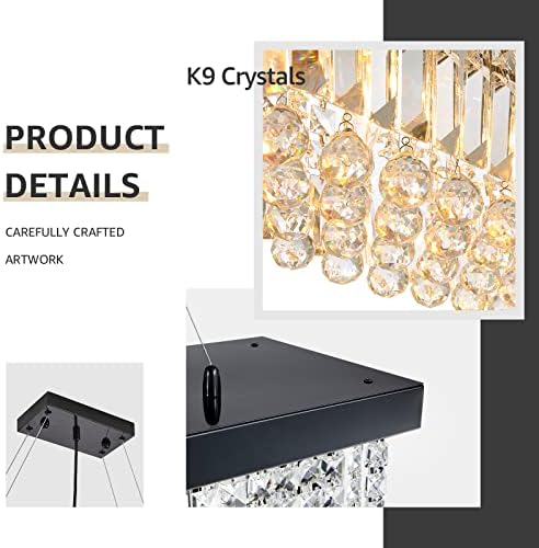 Rectangular Crystal Chandelier Industrial Rectangle Led Pendant Light Fixture for Kitchen Island Dining Room Black L 33.5" x