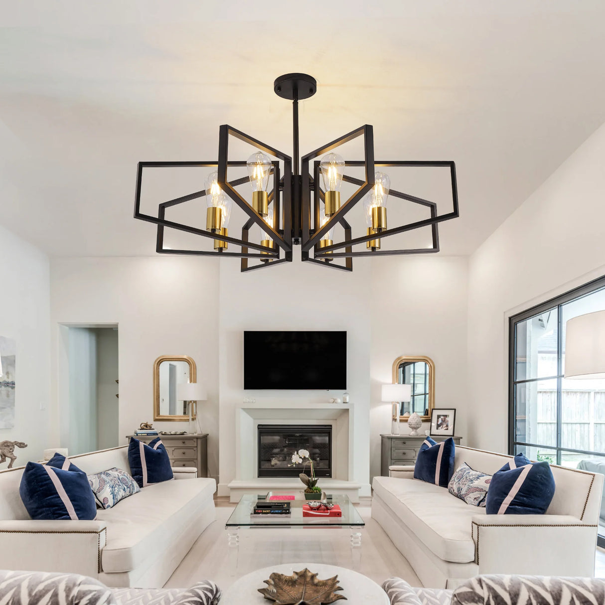 Modern 8-Light Geometric Chandelier - Black & Gold Metal Pendant Light