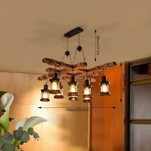 8-Light Rustic Country Chandelier Wood Pendant Lamp Industrial Ceiling Light Adjustable Height Vintage Style for Home Cafe Bar